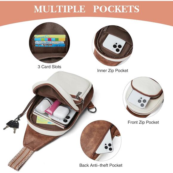 Vegan Leather Sling Crossbody Bag – White & Brown w/ Wide Strap (5-1b) - Picture 5 of 6